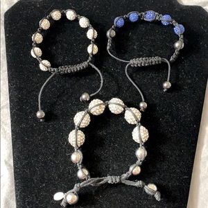 3 Crystal Shamballa Bracelets two silver & 1 blue